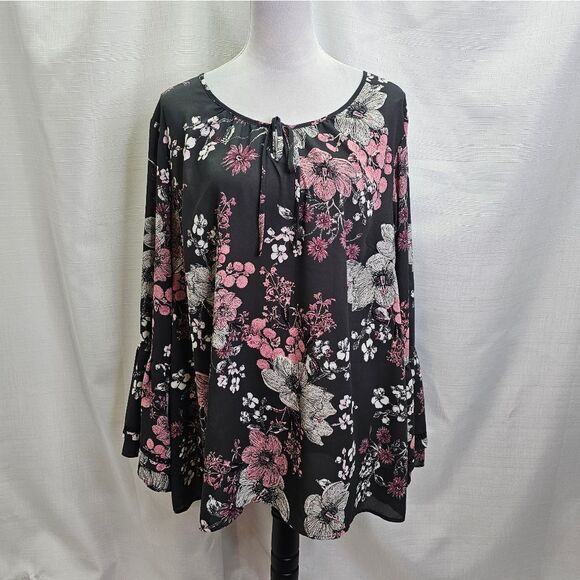 Style & Co. Tops - Style & Co Pink and Gray Floral Boho Bell Sleeve Popover Blouse Size 3X